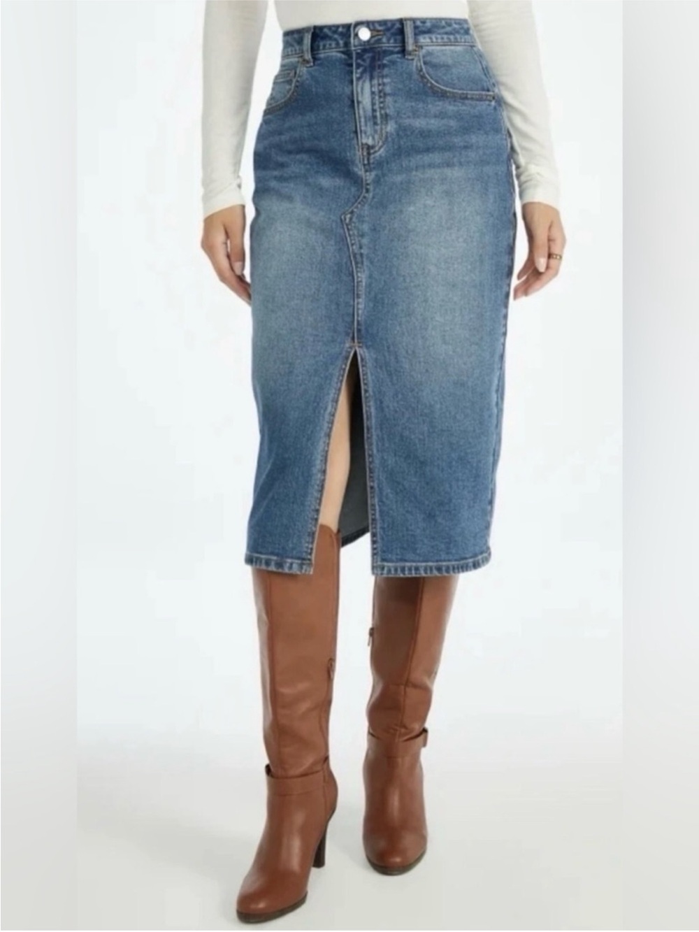 NWT ~ Just Fab Denim MIDI Western Skirt Country Boho 5 Pocket ~ Size 34 Waist